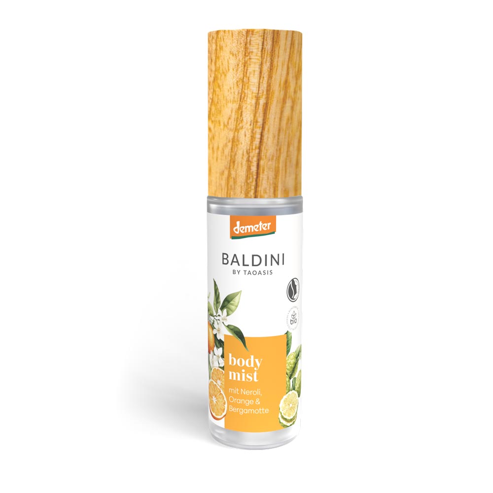Baldini by Taoasis Body Mist Neroli mit Orange und Bergamotte in Glasflakon mit Holzdeckel und Demeter-Siegel – Bio-Körperspray im dieNikolai Sortiment