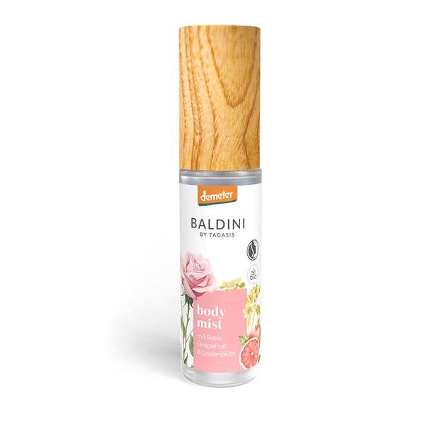 Baldini by Taoasis Body Mist mit Rose, Grapefruit und Lindenblüte im Glasflakon mit Holzkappe – Demeter Naturparfum im dieNikolai Sortiment