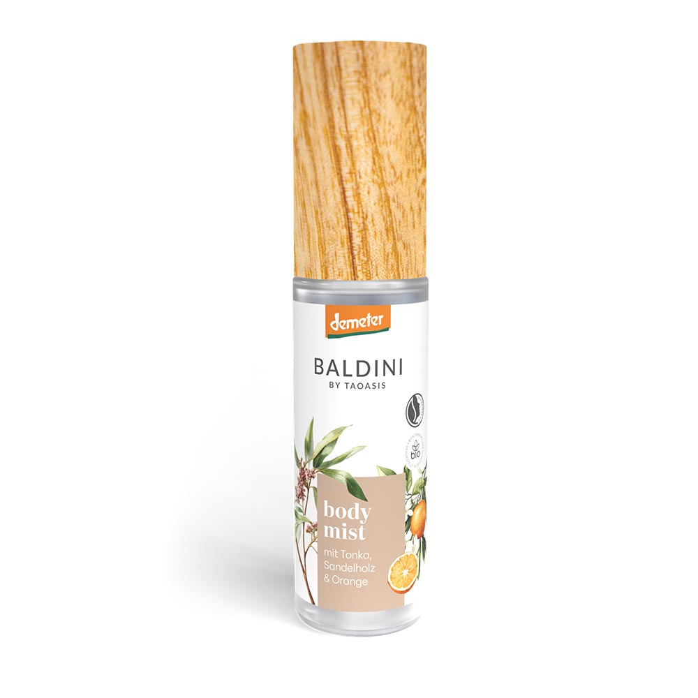Baldini by Taoasis Body Mist mit Tonka, Sandelholz und Orange im Demeter-zertifizierten Glasflakon – Bio-Duftspray im dieNikolai Sortiment