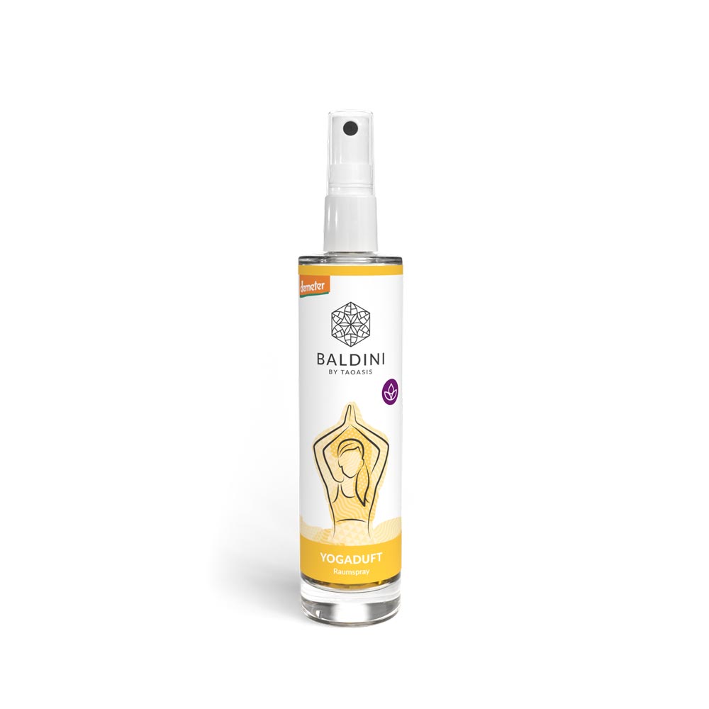 Baldini by Taoasis Yogaduft Raumspray mit Yoga-Motiv und Demeter-Siegel vor weißem Hintergrund – ätherisches Raumspray erhältlich bei dieNikolai
