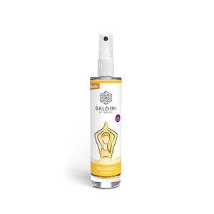 Baldini by Taoasis Yogaduft Raumspray mit Yoga-Motiv und Demeter-Siegel vor weißem Hintergrund – ätherisches Raumspray erhältlich bei dieNikolai