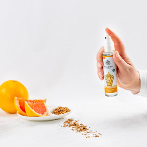 Hand hält Baldini by Taoasis Yogaduft Raumspray mit Grapefruit und Sandelholz – Bio-Raumduft für Yoga-Stimmung im dieNikolai Sortiment