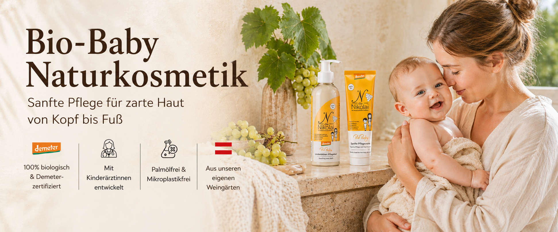 Banner Bio-Baby Naturkosmetik mit Mutter und lachendem Baby neben dieNikolai Babypflege, Trauben und Demeter-Siegel – sanfte Pflege für zarte Haut aus der Wachau