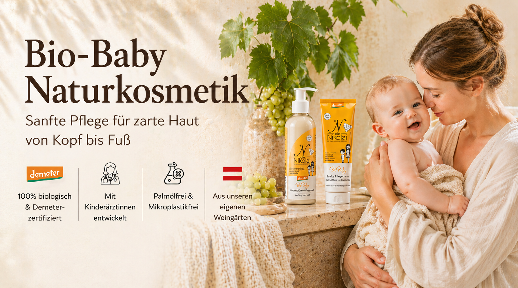 Mobil-Banner Bio-Baby Naturkosmetik mit Mutter, Baby und dieNikolai BioBaby Pflegeöl & Pflegecreme – sanfte palmölfreie Babypflege aus der Wachau