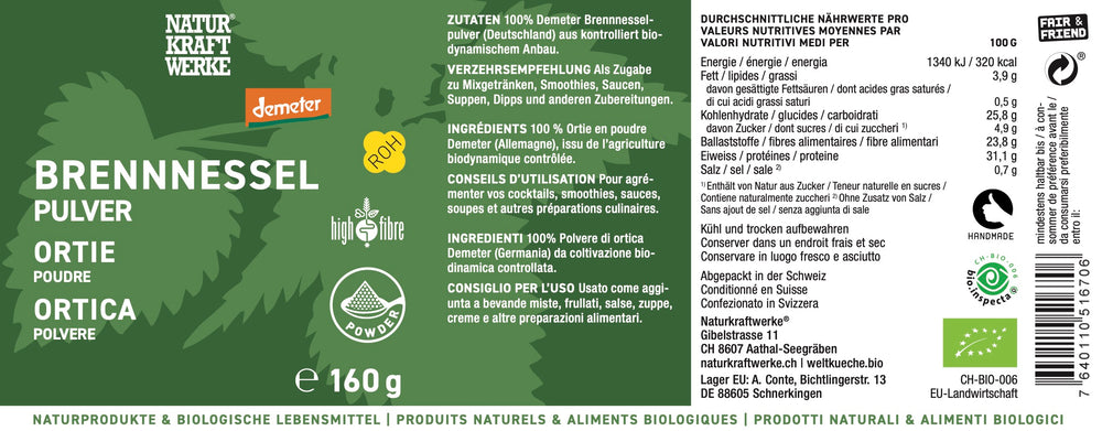 NaturKraftWerke Demeter Brennnesselpulver 160g im Braunglas mit grünem Etikett – Rohkost-Qualität erhältlich im dieNikolai Sortiment
