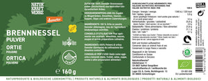 NaturKraftWerke Demeter Brennnesselpulver 160g Etikettenrückseite mit Nährwerten und biodynamischer Qualität – Rohkost-Pulver erhältlich bei dieNikolai