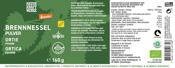 NaturKraftWerke Demeter Brennnesselpulver 160g Etikettenrückseite mit Nährwerten und biodynamischer Qualität – Rohkost-Pulver erhältlich bei dieNikolai
