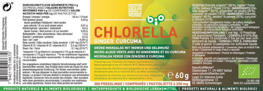 NaturKraftWerke Chlorella Ginger Curcuma 60g grüne Mikroalge-Presslinge im Braunglas – Bio-Nahrungsergänzung mit Vitamin B12 erhältlich bei dieNikolai