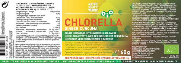 NaturKraftWerke Bio Chlorella Ginger Curcuma Etikett mit Nährwerten und Demeter-Symbolik – Bio-Mikroalgen Nahrungsergänzung im dieNikolai Sortiment