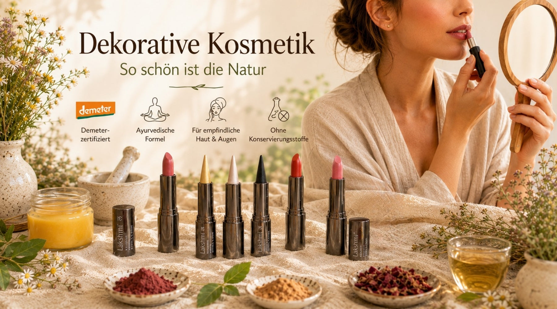 Demeter Make up, Frau trängt natürlichen Lippenstift auf, natürliche Mineralien und Farben