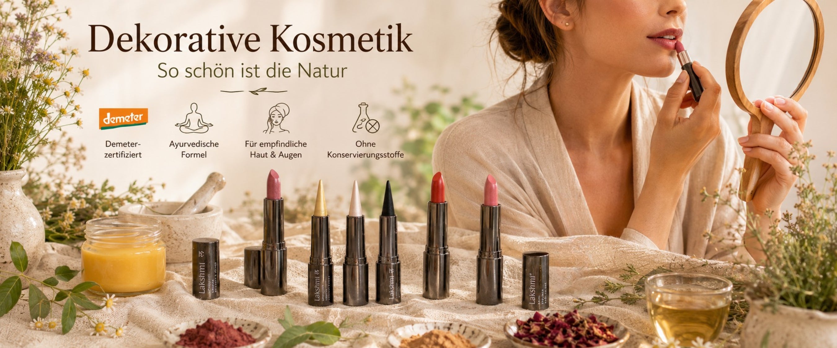Demeter Make up, Frau trängt natürlichen Lippenstift auf, natürliche Mineralien und Farben