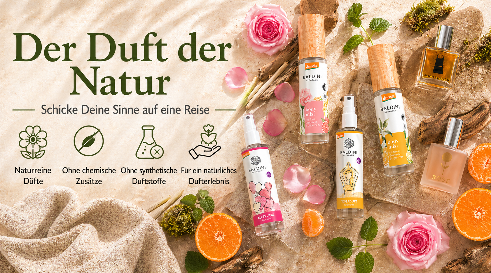 Mobil-Banner Der Duft der Natur mit Baldini Naturduft-Sprays, Rosen und Orangen – naturreine Duftvielfalt erhältlich im dieNikolai Sortiment aus Österreich