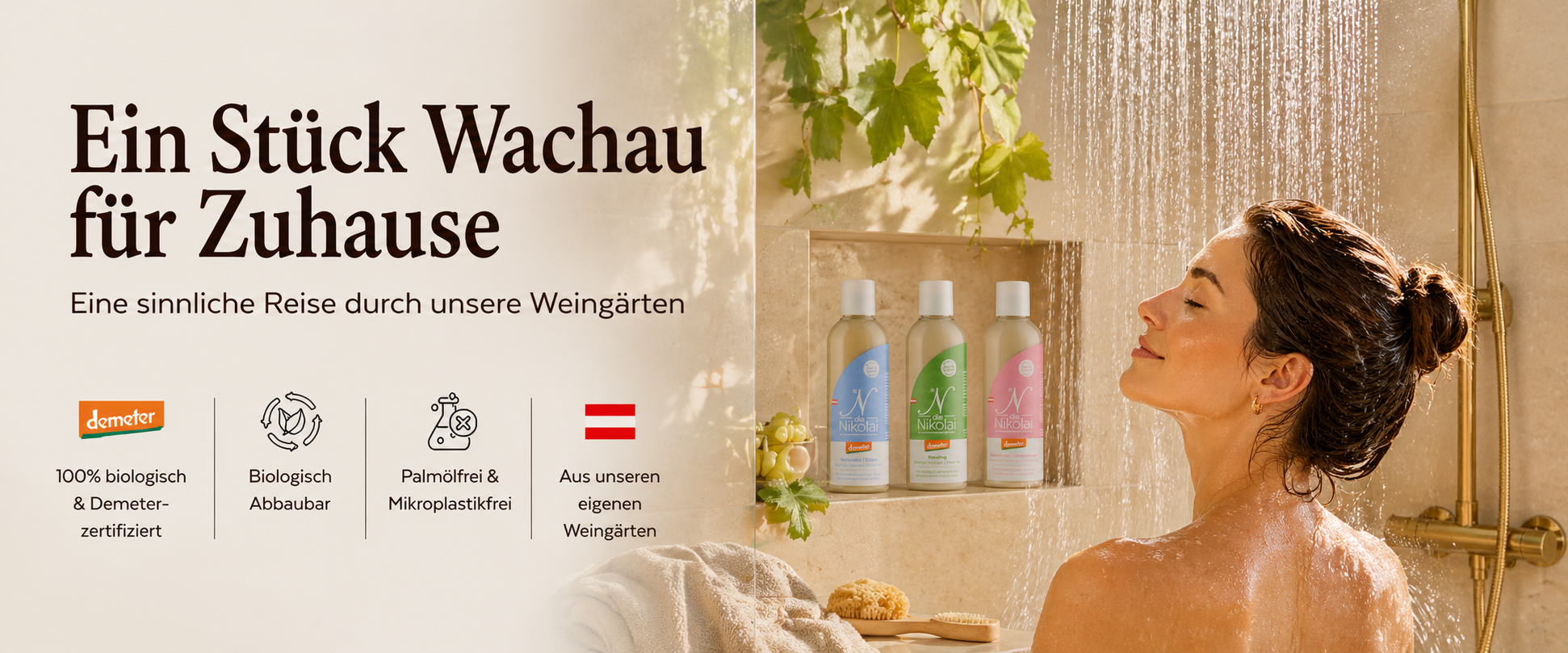 Banner Ein Stück Wachau für Zuhause zeigt Frau unter Dusche neben dieNikolai Bio-Duschserie – Demeter-zertifizierte, palmölfreie Bio-Traubenkosmetik aus der Wachau