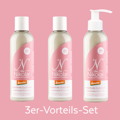 dieNikolai Kaiserlinde Duschmilch im 3er-Vorteils-Set mit rosa Etiketten und Demeter-Siegel – Bio-Duschpflege mit Lindenblüten aus der Wachau