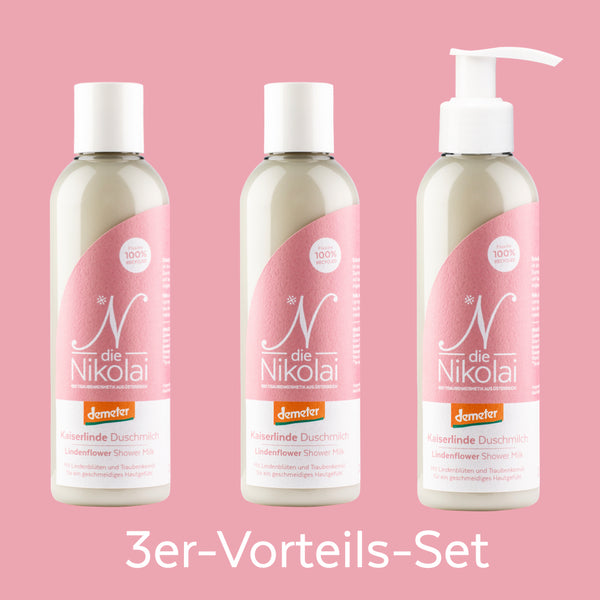 dieNikolai Kaiserlinde Duschmilch im 3er-Vorteils-Set mit rosa Etiketten und Demeter-Siegel – Bio-Duschpflege mit Lindenblüten aus der Wachau
