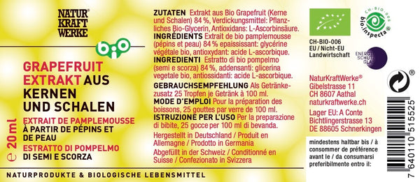 Etikett des NaturKraftWerke Bio Grapefruitextrakts aus Kernen und Schalen mit Bio-Siegel – Nahrungsergänzung im dieNikolai Sortiment aus der Wachau