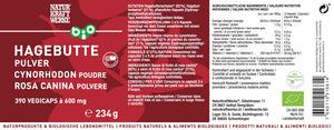NaturKraftWerke Hagebutte Pulver Vegicaps 234 g rotes Etikett mit Inhaltsangaben – Bio-Nahrungsergänzung erhältlich bei dieNikolai