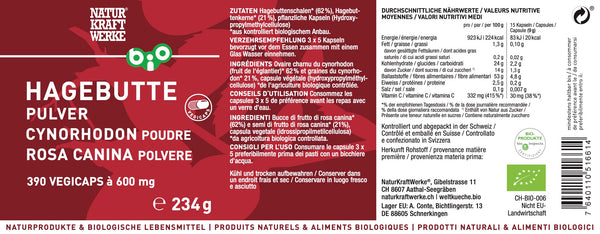 NaturKraftWerke Hagebutte Pulver Vegicaps 234 g rotes Etikett mit Inhaltsangaben – Bio-Nahrungsergänzung erhältlich bei dieNikolai