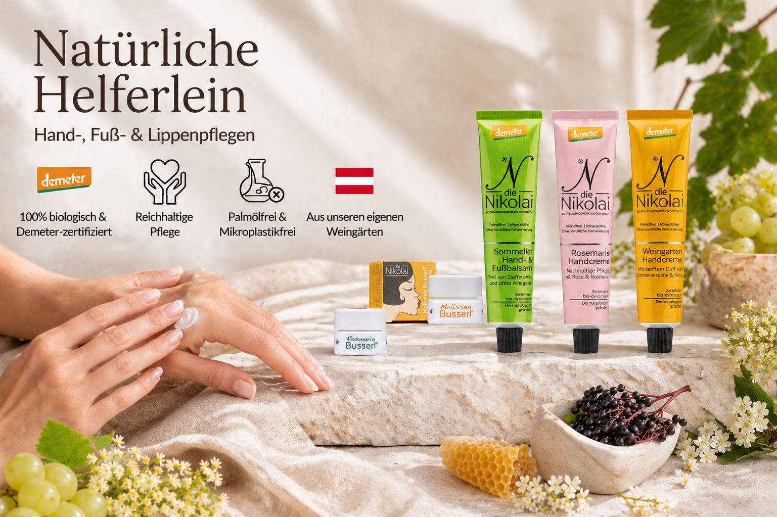Mobil-Banner Natürliche Helferlein mit dieNikolai Sommerlinde, Rosmarie und Weingarten Handcremes – palmölfreie Hand- und Lippenpflege aus der Wachau