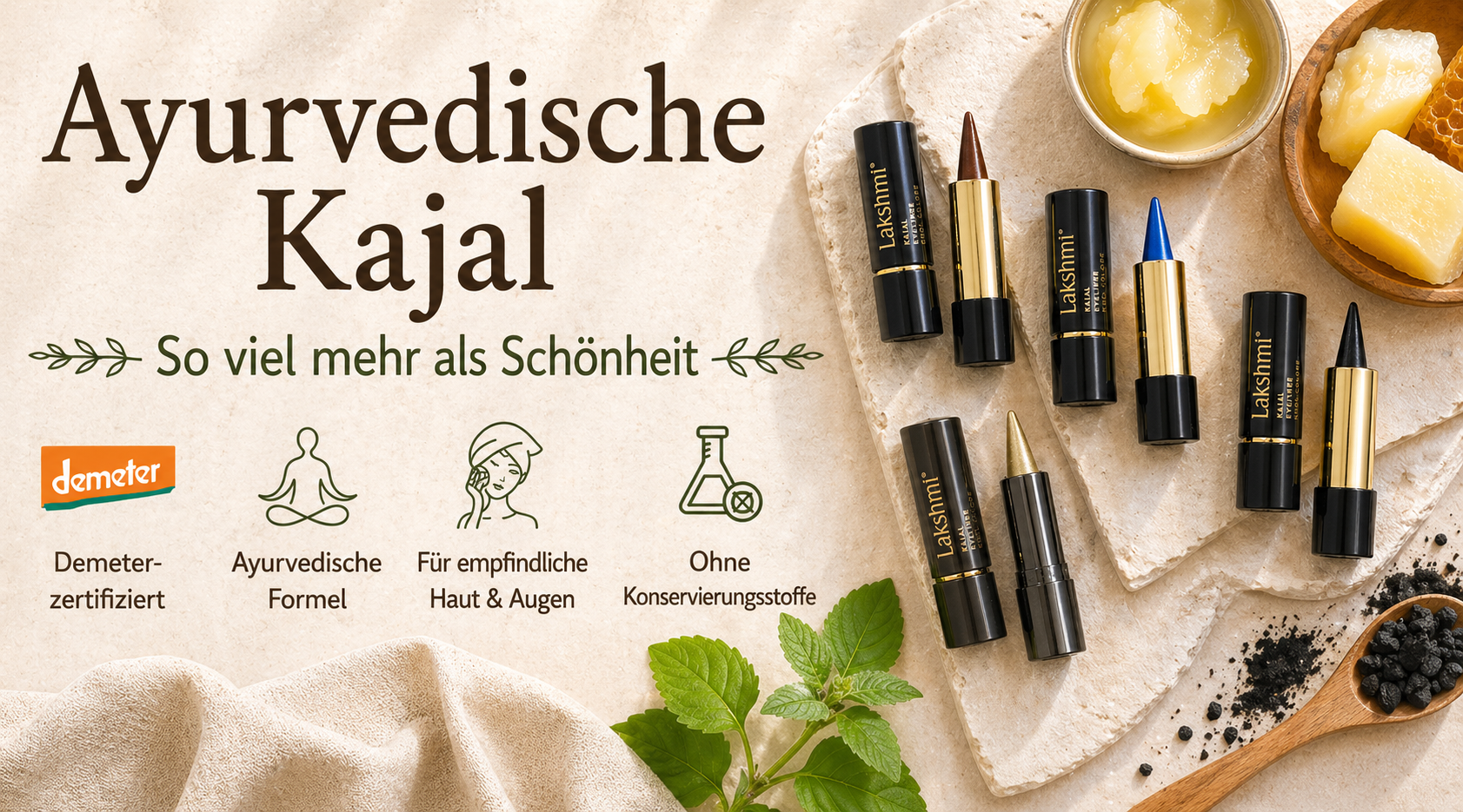 Banner Ayurvedische Kajal von Lakshmi mit verschiedenen Eyeliner-Stiften und Bienenwabe – Demeter-zertifizierte Naturkosmetik erhältlich bei dieNikolai