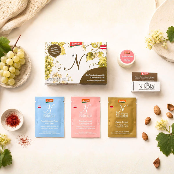 Naturkosmetik Gesichtspflege Kennenlern-Set von dieNikolai Bio-Traubenkosmetik. 5 Proben & Gutschein