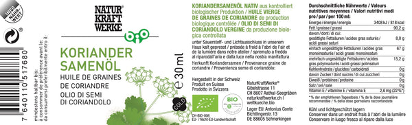Etikett des NaturKraftWerke Koriandersamenöl Nativ aus biologischem Anbau – kaltgepresstes Bio-Speiseöl im dieNikolai Sortiment aus der Wachau