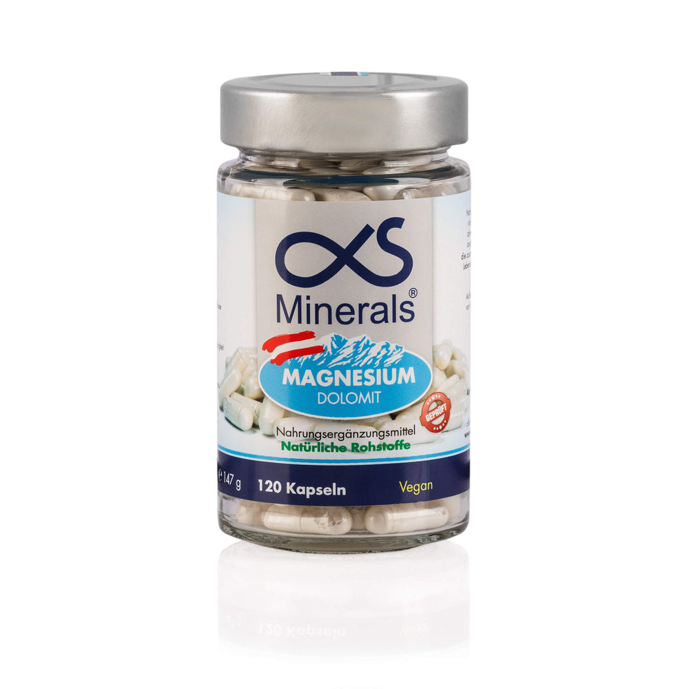 Glas mit alphaXS Minerals Magnesium Dolomit Kapseln, 120 vegane Kapseln aus natürlichen Rohstoffen – Nahrungsergänzung im dieNikolai Sortiment