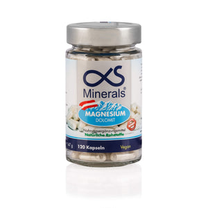 Glas mit alphaXS Minerals Magnesium Dolomit Kapseln, 120 vegane Kapseln aus natürlichen Rohstoffen – Nahrungsergänzung im dieNikolai Sortiment