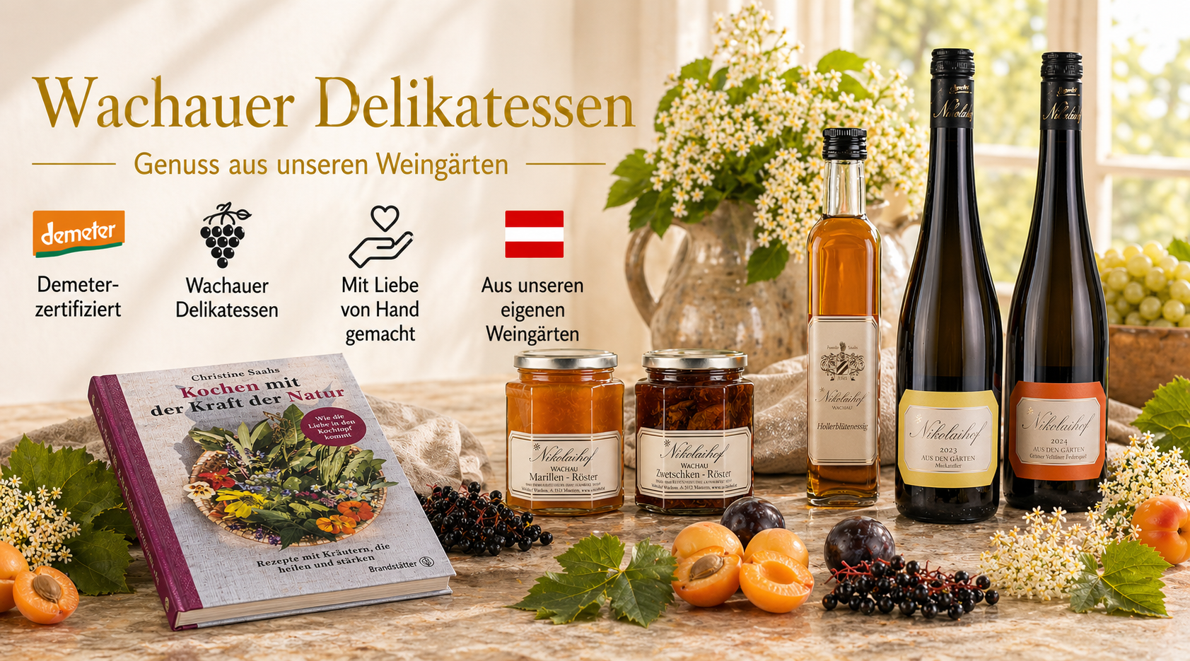 Banner Wachauer Delikatessen mit Nikolaihof Marillen-Röster, Essig, Wein und Kochbuch von Christine Saahs – Demeter Bio-Genussmitbringsel, erhältlich bei dieNikolai