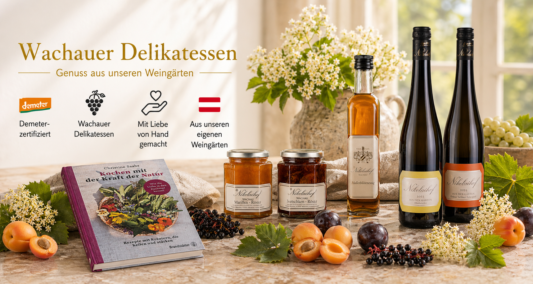 Banner Wachauer Delikatessen mit Nikolaihof Wein, Hollerblütensirup, Marmeladen und Kochbuch – Demeter-zertifizierte Mitbringsel aus den Weingärten von dieNikolai