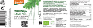 NaturKraftWerke Moringa Samenöl nativ Demeter 30 ml grünes Etikett mit Nährwerten – kaltgepresstes Bio-Öl im dieNikolai Sortiment