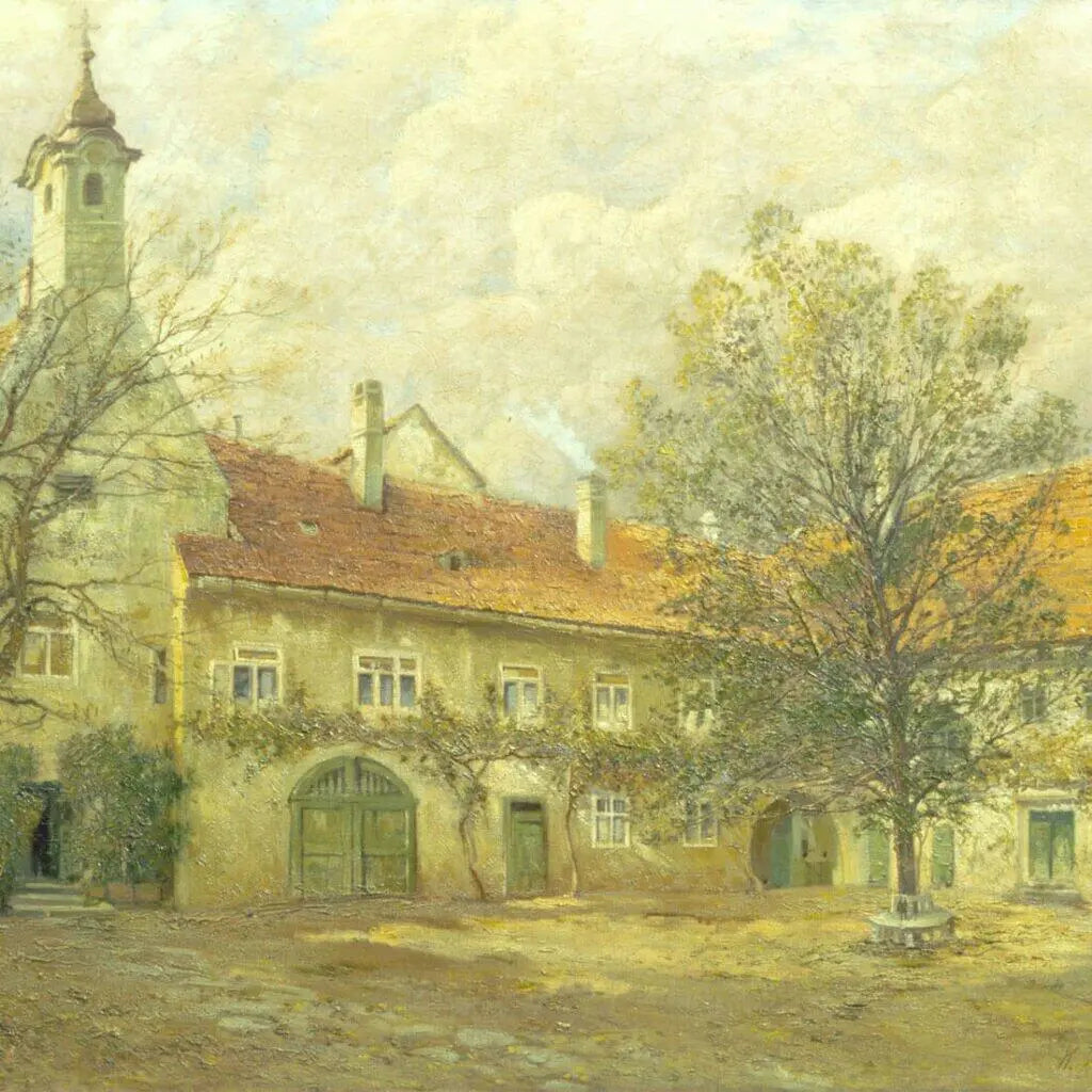 Historisches Gemälde des Nikolaihofs in der Wachau mit gelber Kapelle und altem Innenhof – Tradition seit 1075 hinter der dieNikolai Demeter Bio-Traubenkosmetik