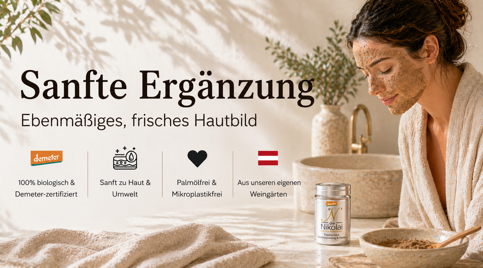 Mobil-Banner Sanfte Ergänzung mit Frau, die Peeling-Maske trägt, und dieNikolai Traubenkernmehl – Demeter Bio-Traubenkosmetik für feines Hautbild aus der Wachau