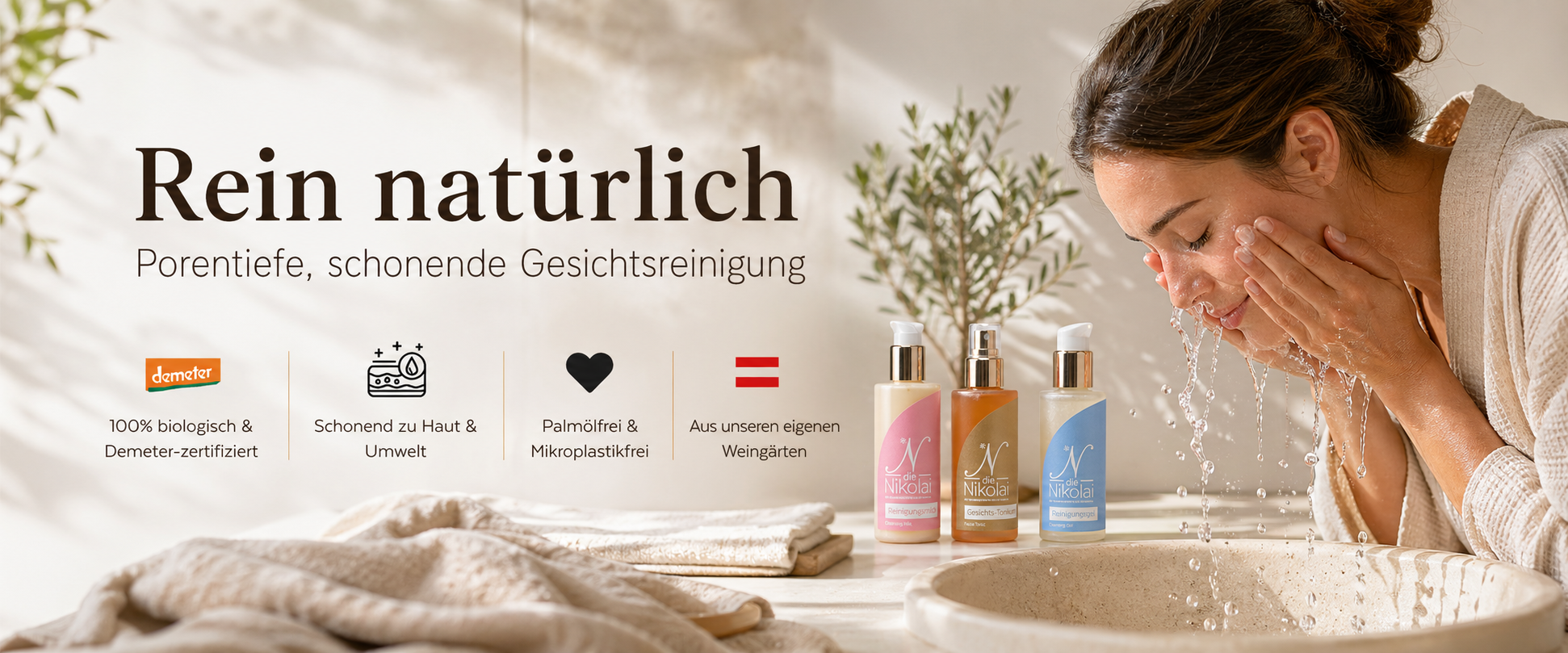 Banner Rein natürlich mit Frau bei der porentiefen Gesichtsreinigung und dieNikolai Reinigungsprodukten – Demeter Bio-Traubenkosmetik aus der Wachau