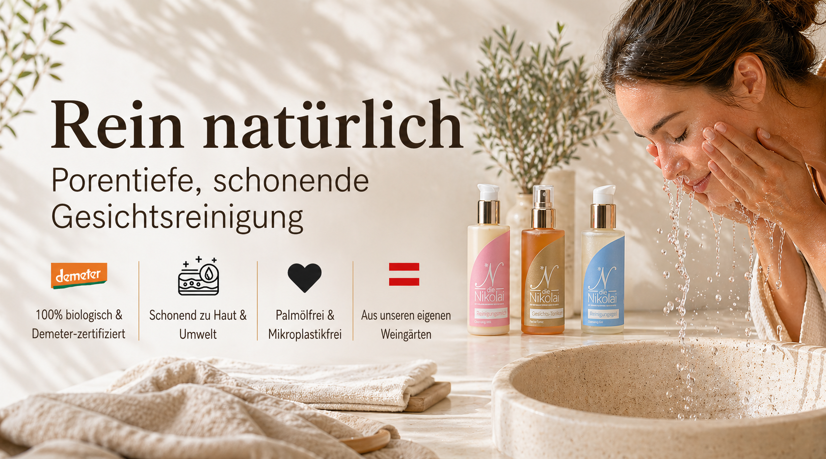 Mobil-Banner Rein natürlich mit Frau am Steinbecken und dieNikolai Reinigungsmilch, Tonikum & Reinigungsgel – Demeter Bio-Traubenkosmetik für Gesichtsreinigung