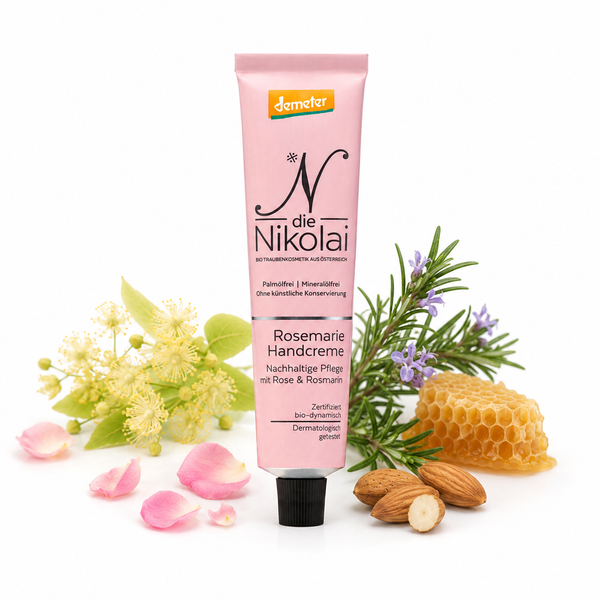 dieNikolai Bio-Traubenkosmetik Rosemarie Handcreme auf weißem Hintergrund, dezent dekoriert mit Lindenblüten, Mandeln, Bienenwachs, Rosmarin und einzelnen Rosenblütenblättern.