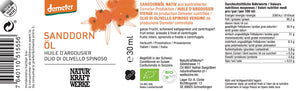 Etikett des NaturKraftWerke Sanddornöl Nativ 30ml mit Demeter-Logo und Nährwertangaben – kaltgepresstes Bio-Sanddornöl im dieNikolai Health-Sortiment