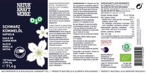 NaturKraftWerke Schwarzkümmelöl 120 Vegicaps grünes Etikett mit Nährwerten und Schwarzkümmel-Illustration – Bio-Kapseln im dieNikolai Sortiment