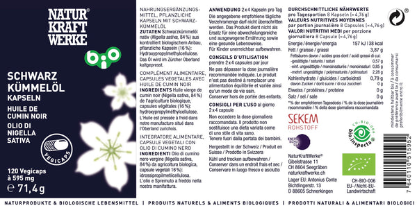 NaturKraftWerke Schwarzkümmelöl 120 Vegicaps grünes Etikett mit Nährwerten und Schwarzkümmel-Illustration – Bio-Kapseln im dieNikolai Sortiment