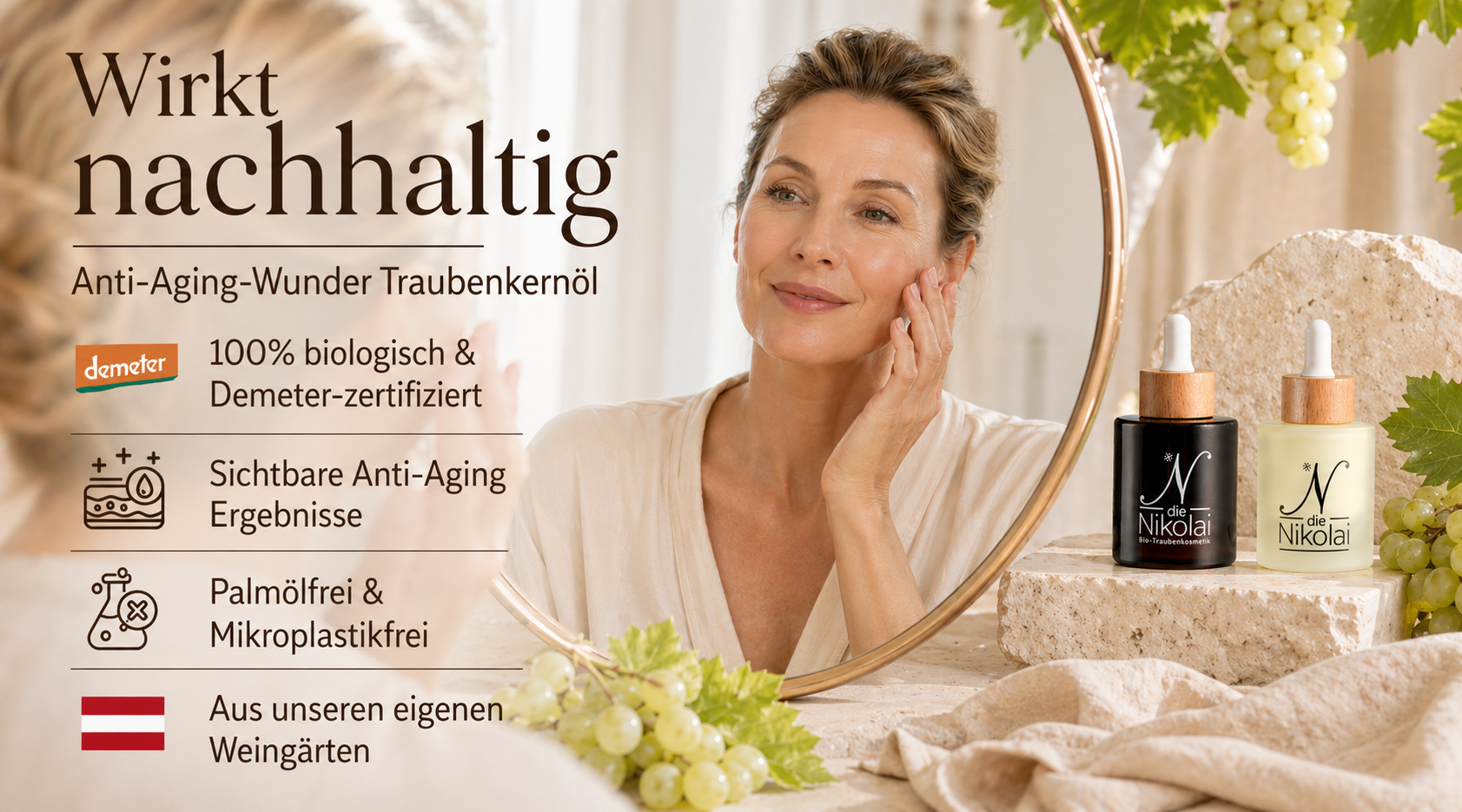 Infografik Wirkt nachhaltig zum Anti-Aging-Wunder Traubenkernöl mit Frau im Spiegel und dieNikolai Serum-Duo – Demeter Bio-Traubenkosmetik aus eigenen Weingärten der Wachau