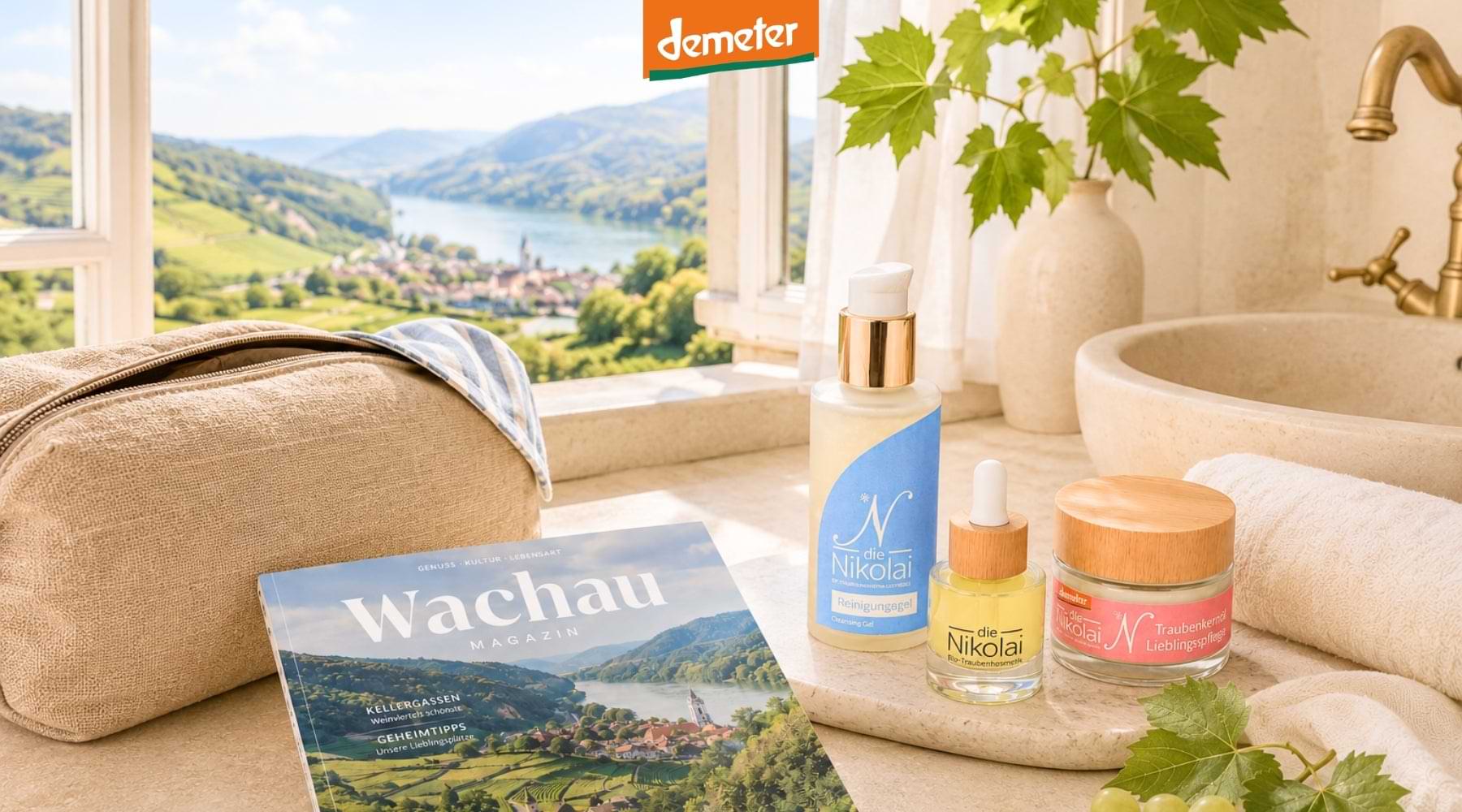 Badezimmer-Stillleben mit Wachau Magazin, Kulturtasche und dieNikolai Reinigungsgel, Intensiv-Serum und Lieblingspflege vor Donau-Panorama – Demeter Bio-Traubenkosmetik aus der Wachau