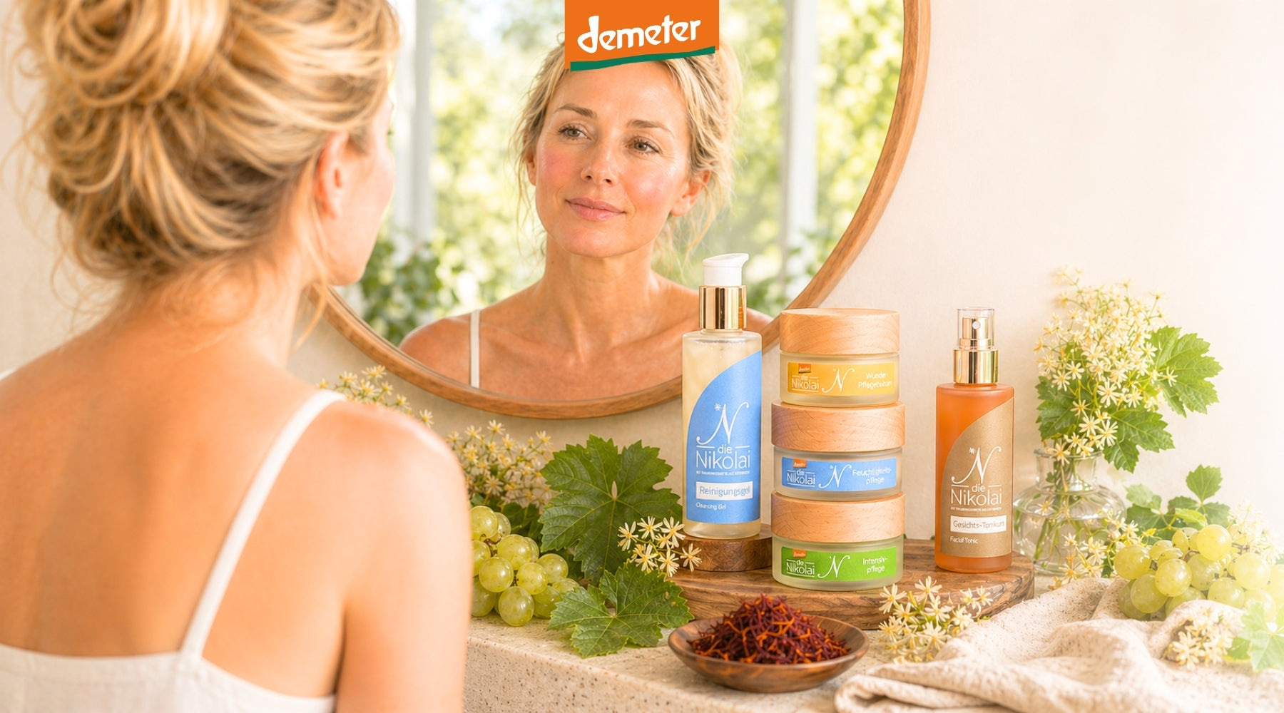 Banner mit Demeter-Logo zeigt Frau am Schminktisch mit dieNikolai Reinigungsgel, Cremes und Gesichtstonic neben Weinlaub und Safran – Bio-Traubenkosmetik aus der Wachau