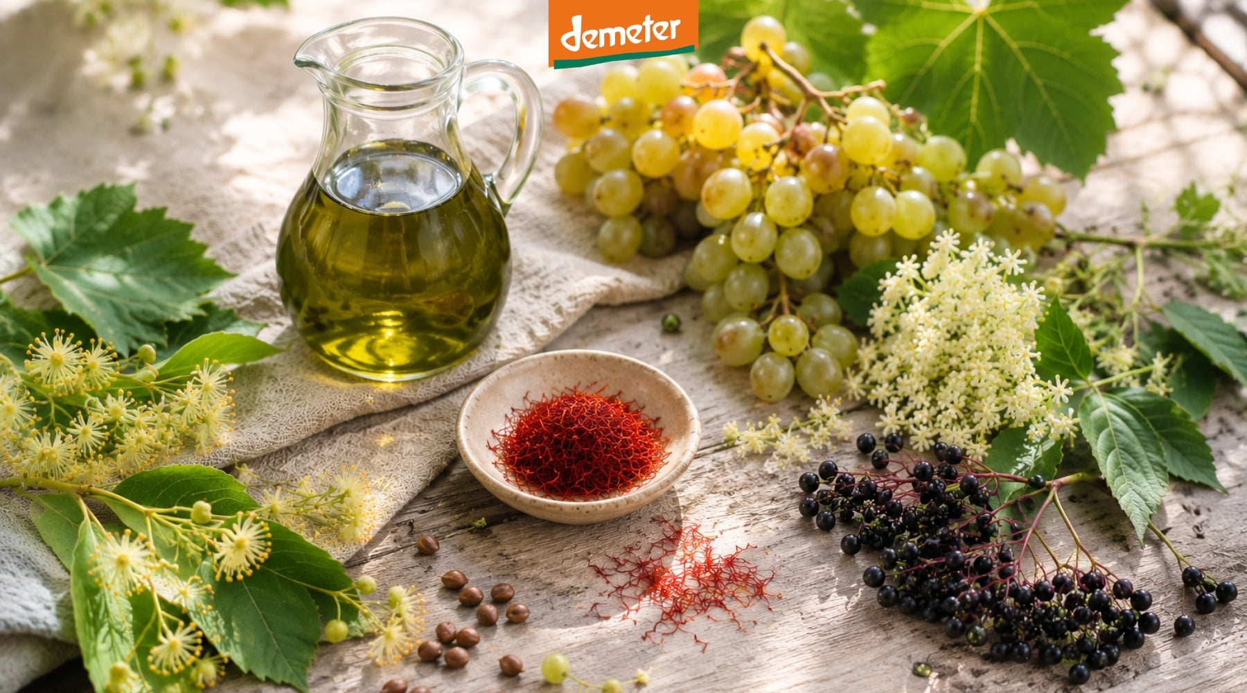 Demeter-Banner mit Karaffe Traubenkernöl, grünen Trauben, roten Safranfäden, Lindenblüten und Holunderbeeren – Rohstoffwelt der dieNikolai Bio-Traubenkosmetik aus der Wachau