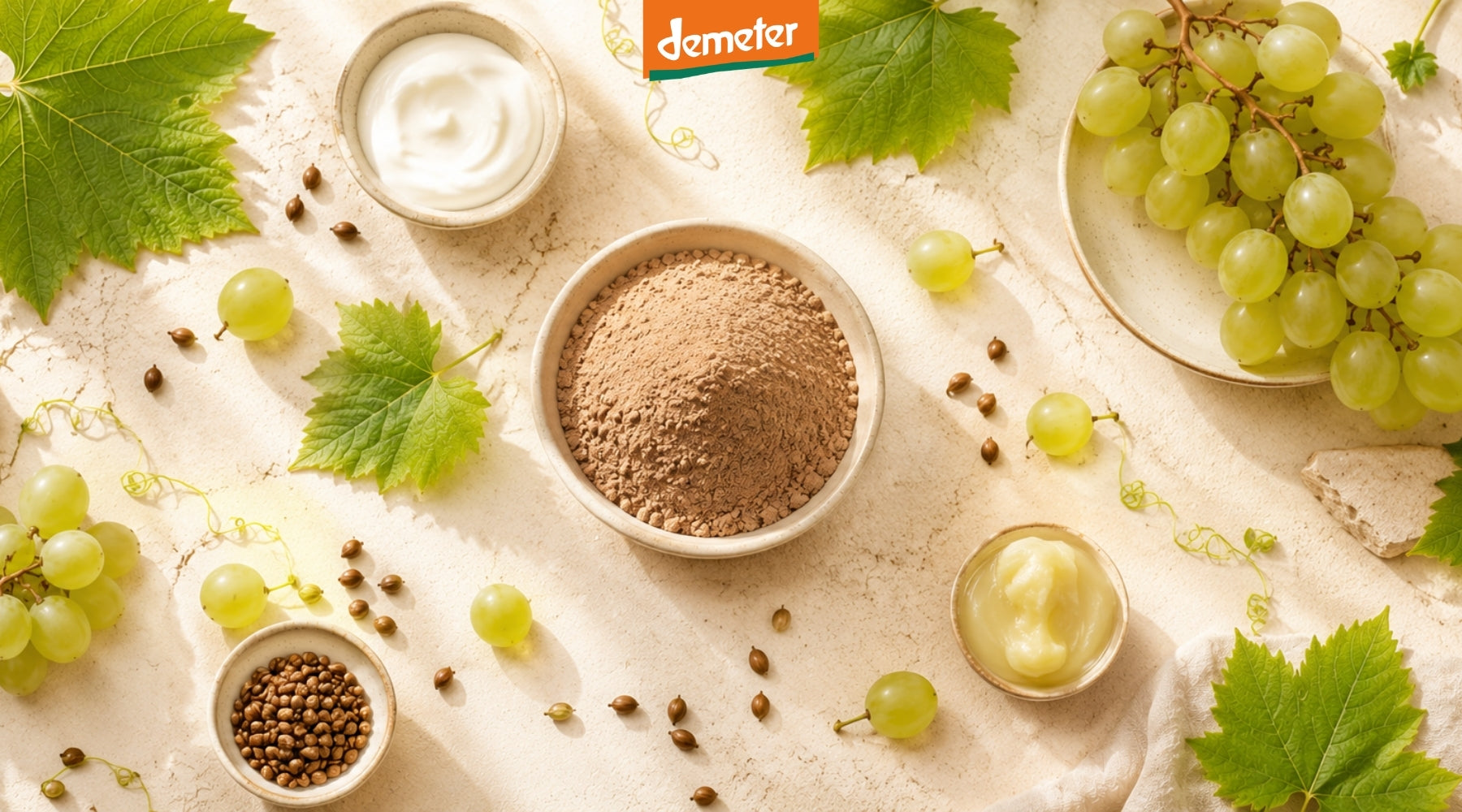 Flatlay mit Schale Traubenkernmehl, Joghurt und grünen Weintrauben mit Demeter-Siegel – Zutaten für Bio-Anwendungen aus dem dieNikolai Sortiment