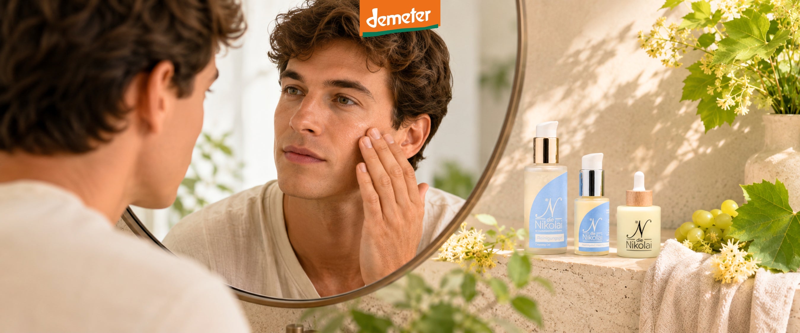 Junger Mann betrachtet sich im runden Spiegel neben dieNikolai Reinigungsgel, Fluid und Augen-Serum mit Holunderblüten – Männerpflege mit Demeter Bio-Traubenkosmetik aus der Wachau