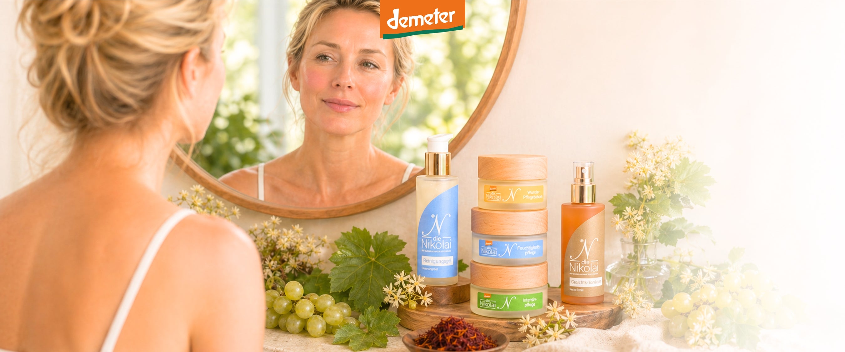 Desktop-Banner mit Frau am Spiegel und gestapelten dieNikolai Cremetiegeln, Reinigung und Tonikum samt Demeter-Logo – Bio-Traubenkosmetik aus der Wachau