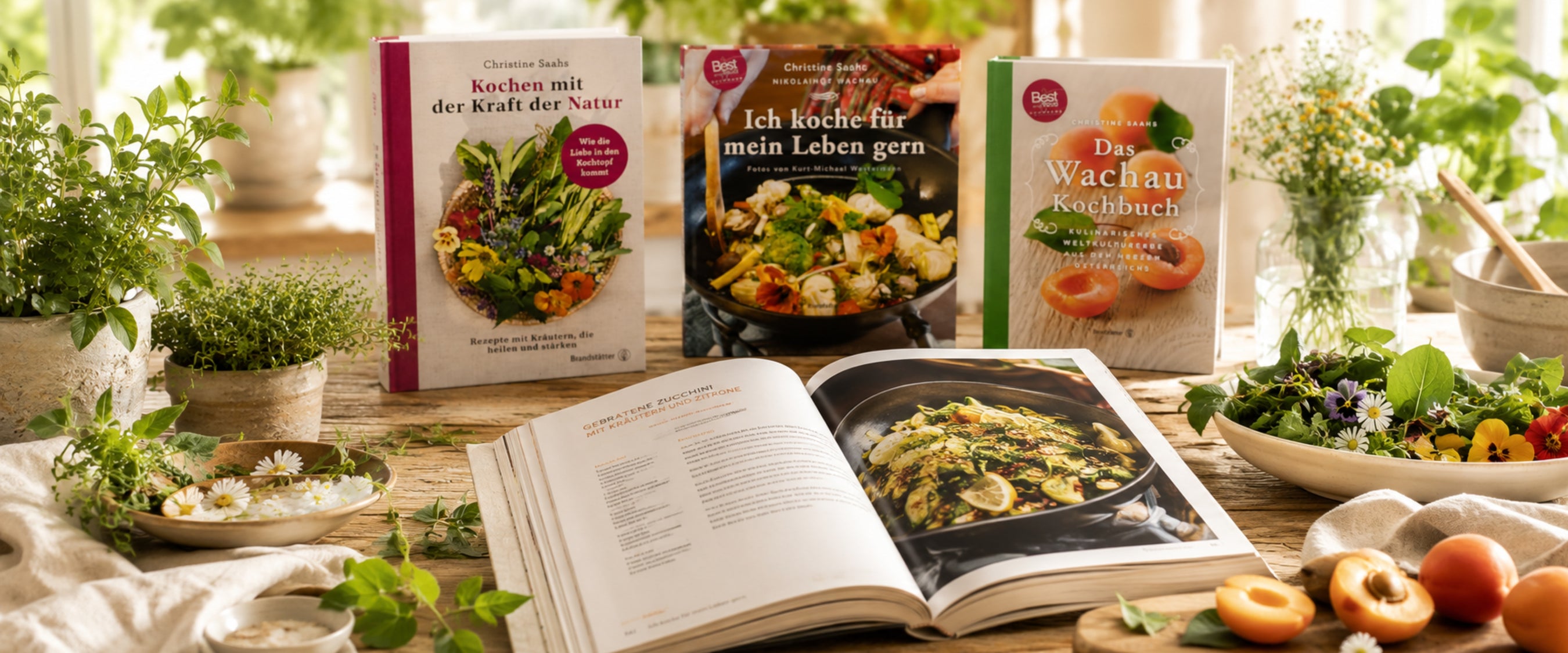 Hero-Banner mit Christine Saahs Kochbüchern Kochen mit der Kraft der Natur und Das Wachau Kochbuch auf Holztisch mit Kräutern und Marillen – kulinarische Wachauer Welt bei dieNikolai