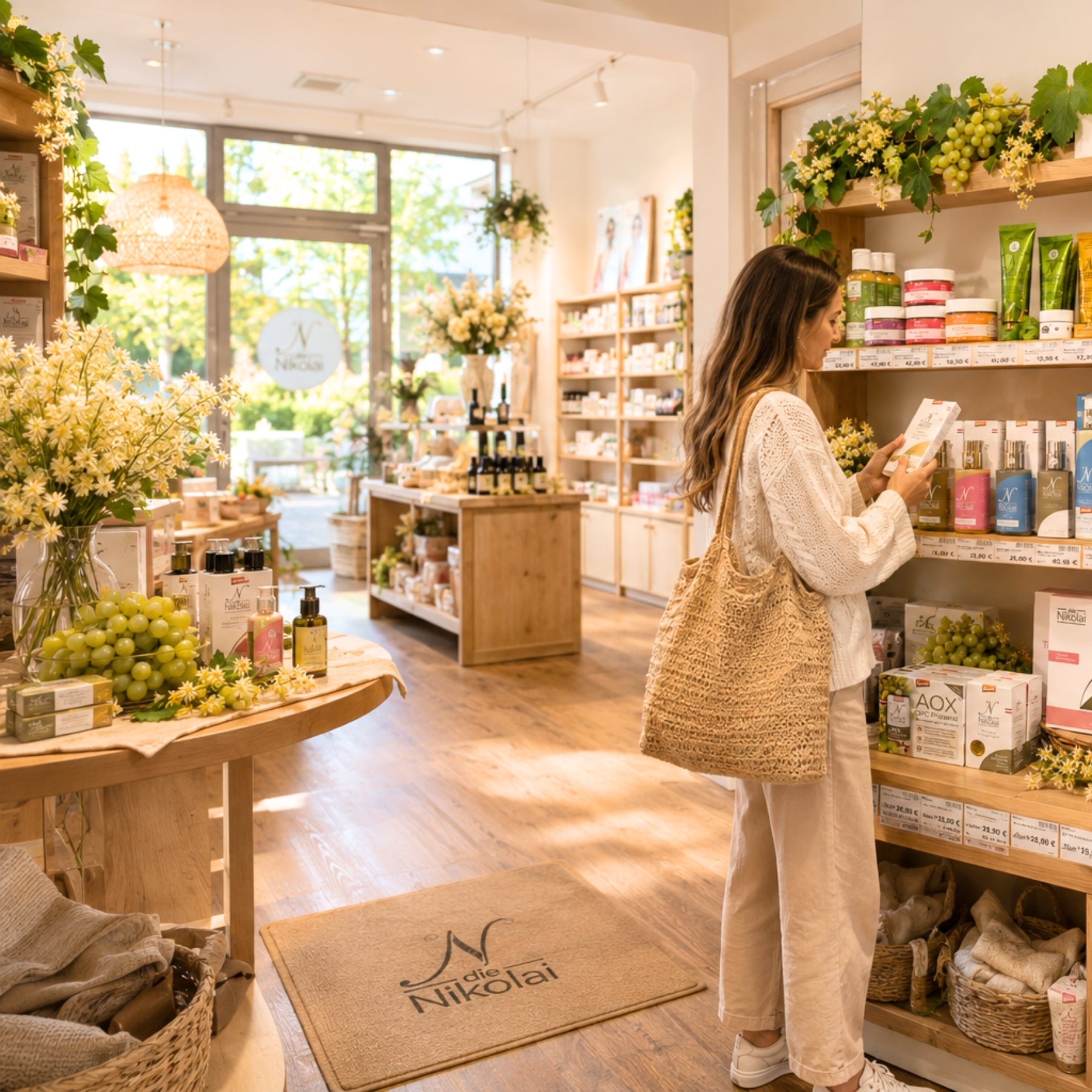 Junge Frau mit Korbtasche stöbert im hellen dieNikolai Pop-up-Store mit Trauben-Deko und Logo-Fußmatte – Demeter Bio-Traubenkosmetik Boutique aus der Wachau