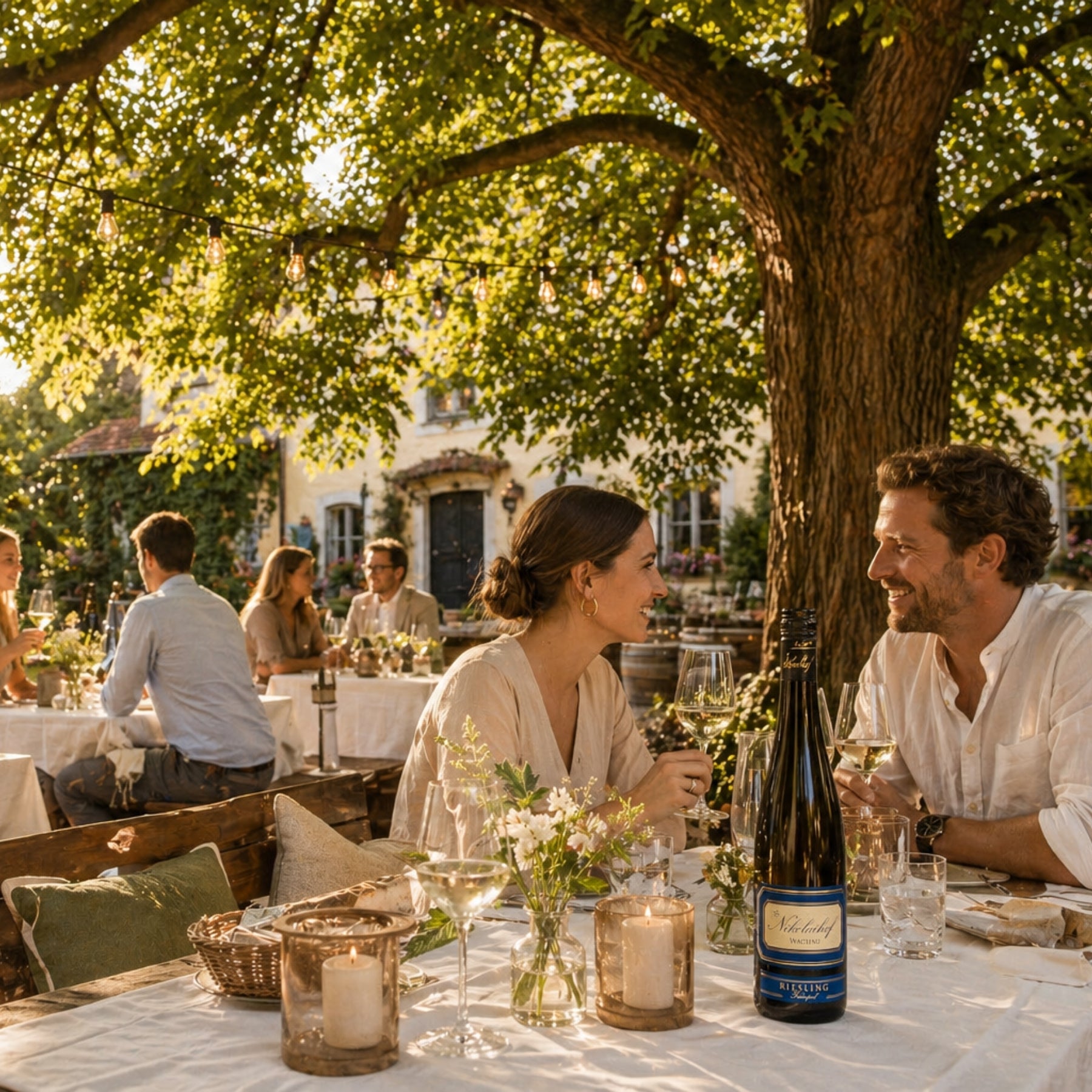 Junges Paar feiert beim Sommerdinner unter alter Linde am Nikolaihof mit Demeter-Weinflasche – Wachauer Genusslebensgefühl hinter der dieNikolai Bio-Traubenkosmetik