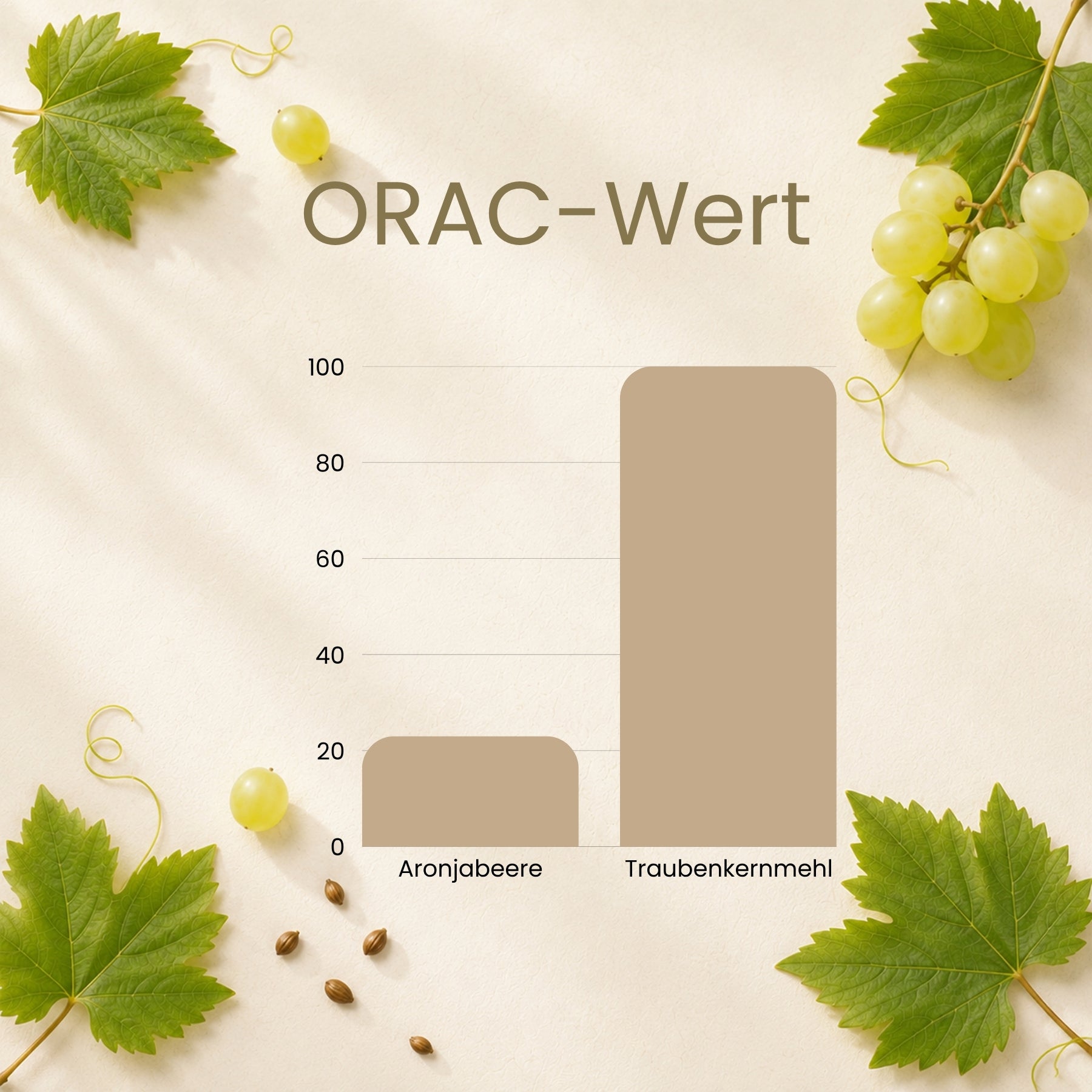 Infografik ORAC-Wert vergleicht Aronjabeere mit Traubenkernmehl als Balkendiagramm – hoher Antioxidantien-Gehalt im dieNikolai Traubenkernmehl aus der Wachau